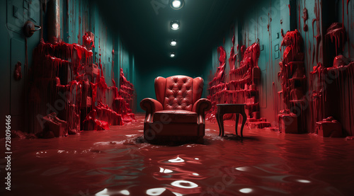 An armchair stands in the middle of a dark, creepy room flooded with red paint. Thick layers of blood-like matter or dripping red paint cover the walls. Next to the armchair, there is a night table. photo