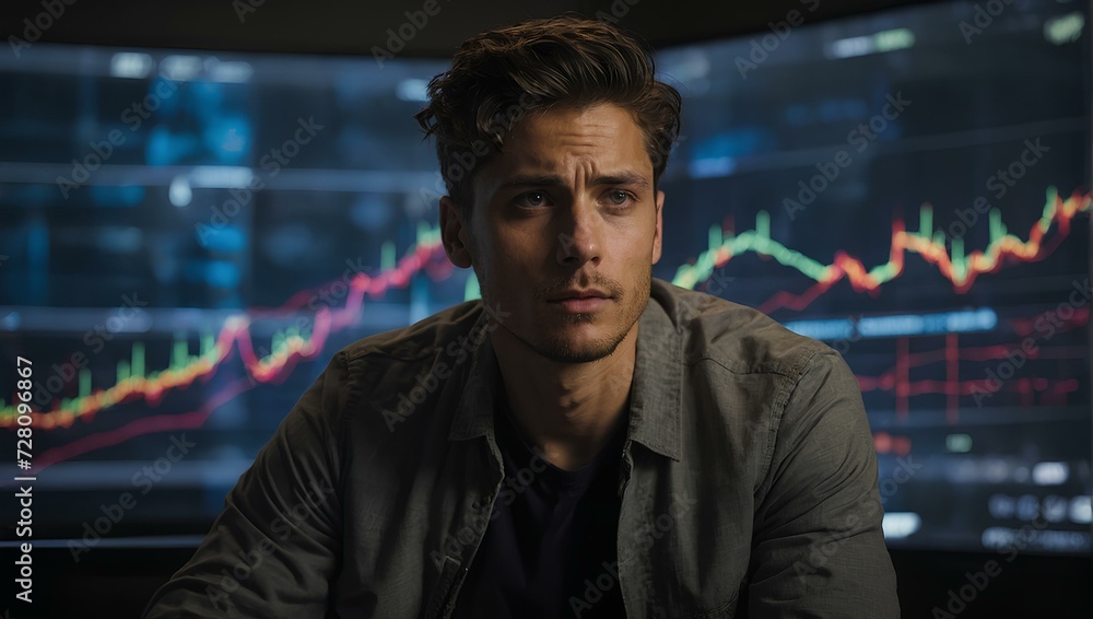 Describe a scene in which a young man in his thirties sits in a well-lit room, with a focused expression on his face. He looks at a graph on the screen, looking closely at the lines and numbers that r Describe a scene in which a young man in his thirties sits in a well-lit room, with a focused expression on his face. He looks at a graph on the screen, looking closely at the lines and numbers that r