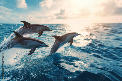 Playful dolphins in the ocean, a joyful and dynamic scene capturing a pod of dolphins leaping and playing in the open sea. © Hunman