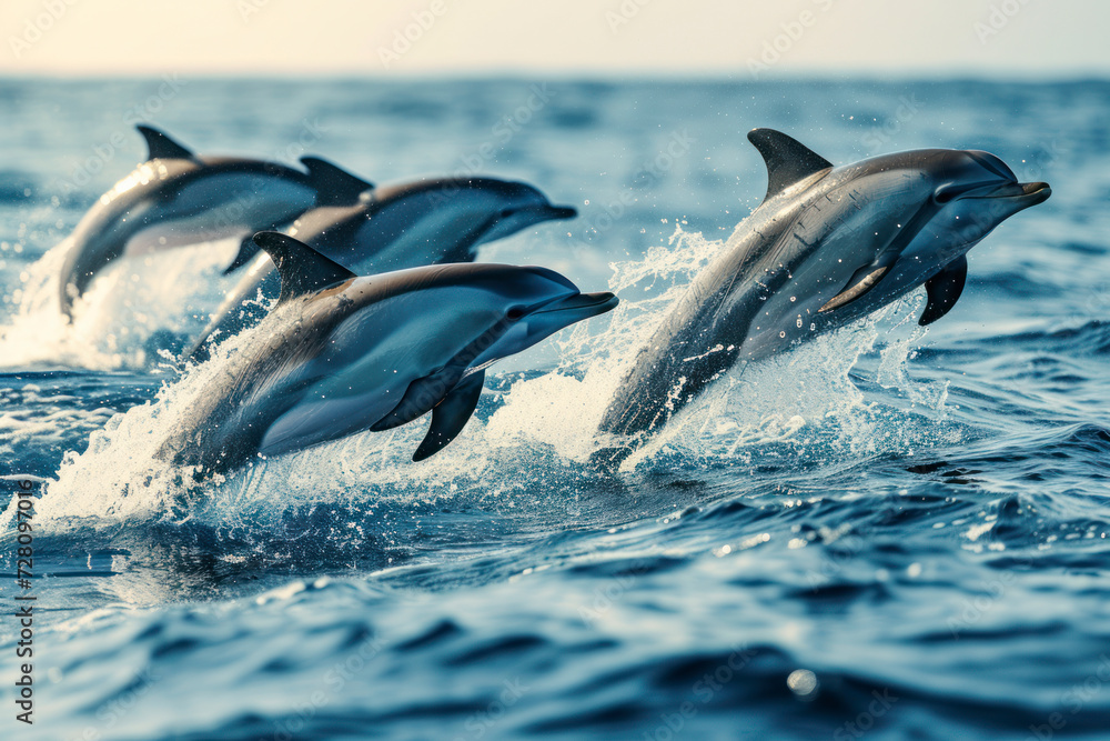 Obraz premium Playful dolphins in the ocean, a joyful and dynamic scene capturing a pod of dolphins leaping and playing in the open sea.