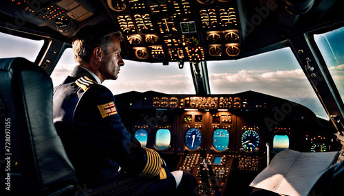 Tired pilot sitting in the cockpit of an airplane during a long flight.