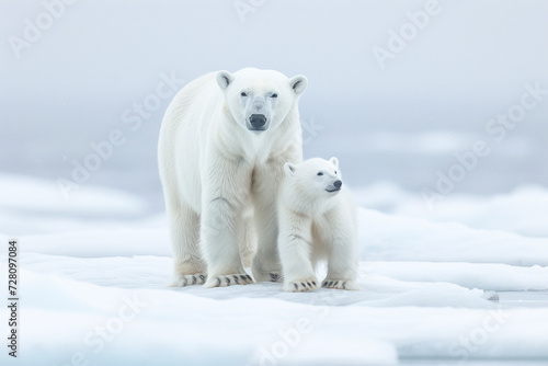 Polar bear family on Arctic ice, a poignant and icy scene featuring a polar bear family on Arctic ice floes.