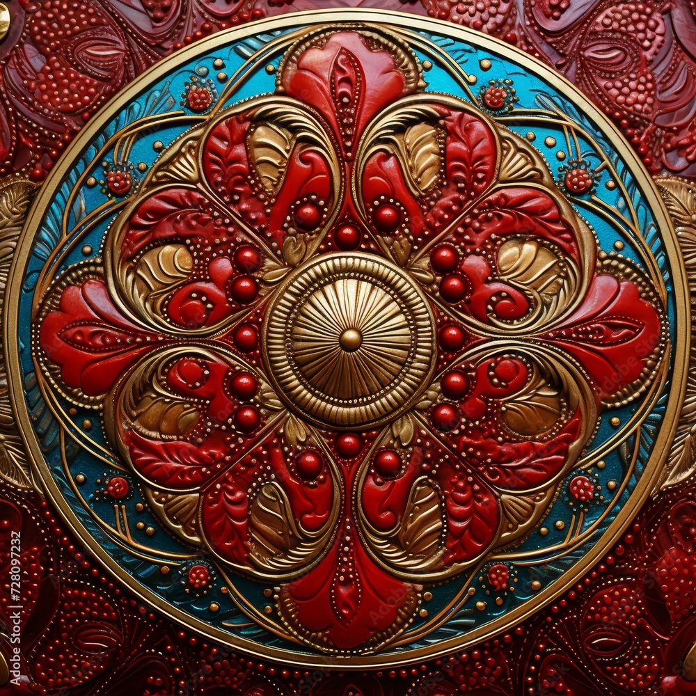 Intricate artwork with metallic red, gold, and blue accents, detailed and eye catching design, seamless