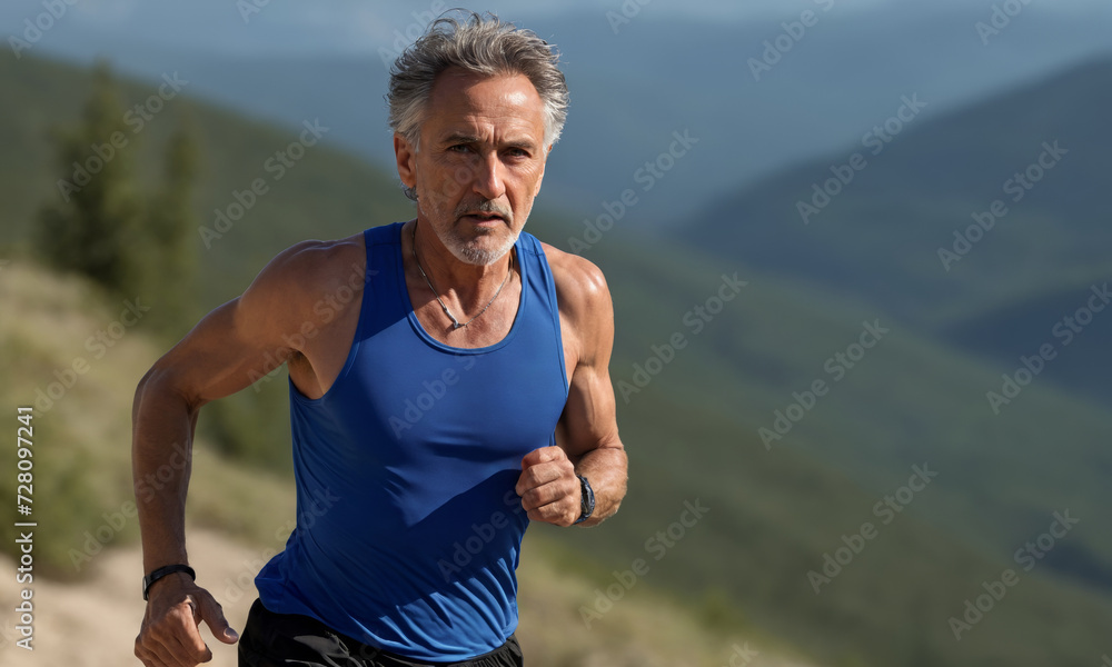 Energetic senior man enjoying jogging in nature Energetic senior man enjoying jogging in nature