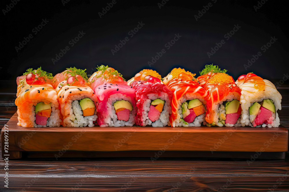 Japanese sushi food. Maki ands rolls with tuna, salmon, shrimp, crab and avocado. Rainbow sushi roll, uramaki, hosomaki and nigiri. Japanese sushi food. Maki ands rolls with tuna, salmon, shrimp, crab and avocado. Rainbow sushi roll, uramaki, hosomaki and nigiri.