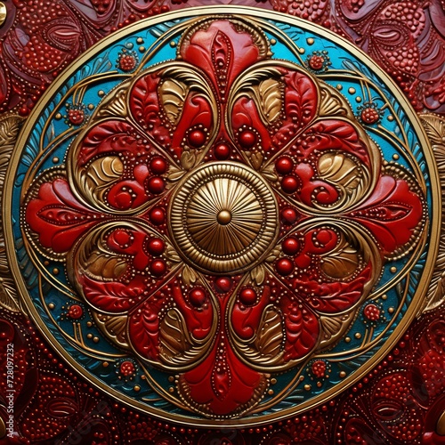 Intricate artwork with metallic red  gold  and blue accents  detailed and eye catching design  seamless
