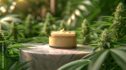 Glass jar of organic cream surrounded by fresh green cannabis leaves on sleek marble tabletop