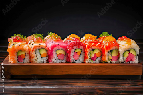 Japanese sushi food. Maki ands rolls with tuna, salmon, shrimp, crab and avocado. Rainbow sushi roll, uramaki, hosomaki and nigiri.