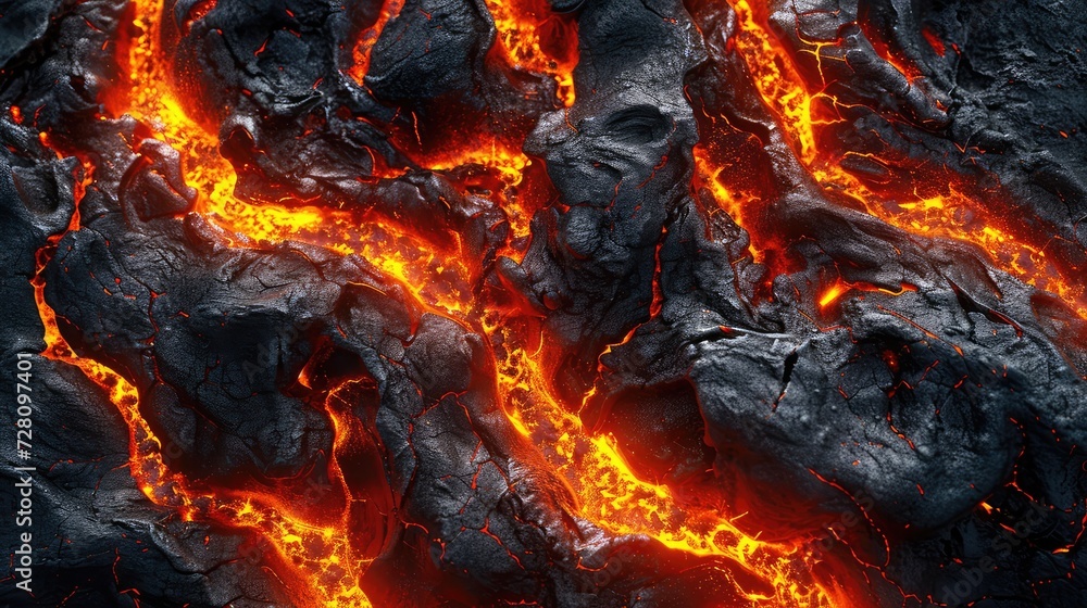 A background of hot flowing lava. Top view. AI generative. A background of hot flowing lava. Top view. AI generative.