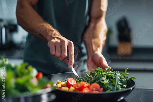 A man making himself a plate of healthy food with vegetables. Healthy food concept