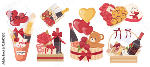 Gifts set with different sweets and candies, toy, love balloons and champagne for valentines day