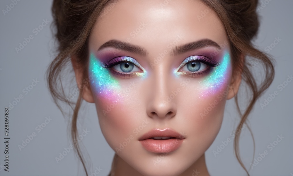 Closeup of woman's face with holographic makeup Closeup of woman's face with holographic makeup