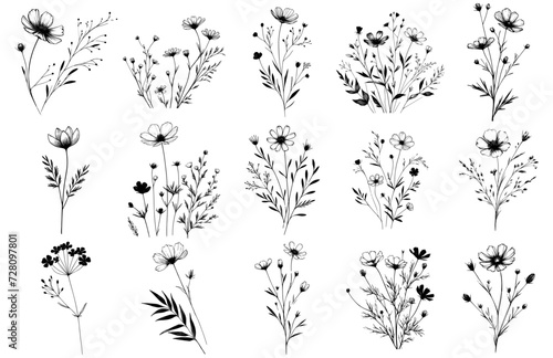 Vector wildflowers and herbs .Hand drawn ink Sketch. Doodle style