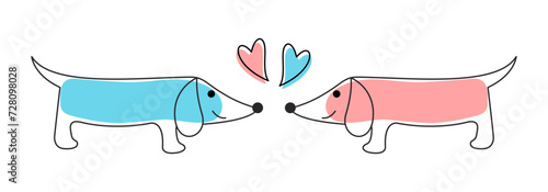 Couple of happy dachshunds in love.
Valentines day vector background with two funny smiling doggies and hearts isolated on white background. Doodle line art