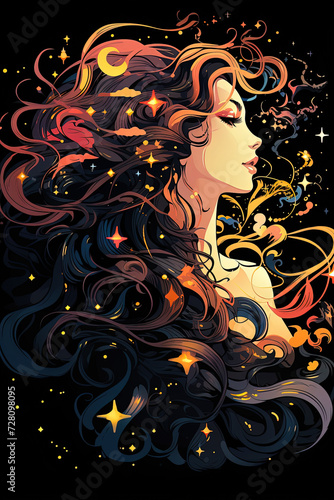 Celestial Elegance  woman with long hair adorned with gleaming stars  embodying celestial elegance.