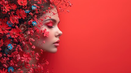 Portrait of a beautiful young girl in flowers on her head on a red background.