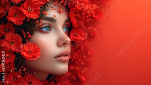 Portrait of a beautiful young girl in flowers on her head on a red background.