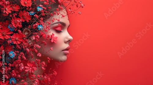 Portrait of a beautiful young girl in flowers on her head on a red background.