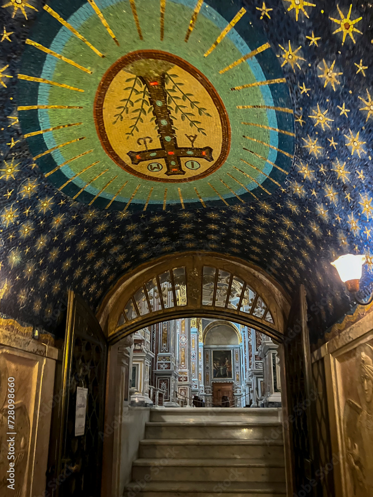 Obraz premium Interior ceiling (entrance to the crypt of St. Benedict and Scholastica) of the Abbey at Montecassino, Lazio, Italy. Rebuilt after being bombed in WWII