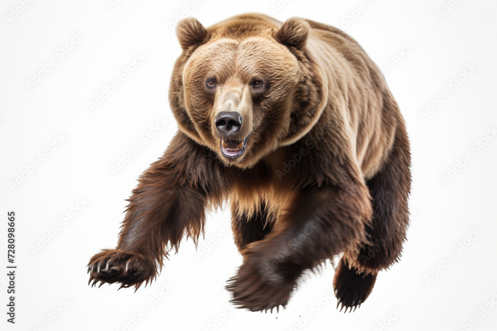 Fototapeta premium Brown Bear charging toward the camera on a white background, animal front portrait