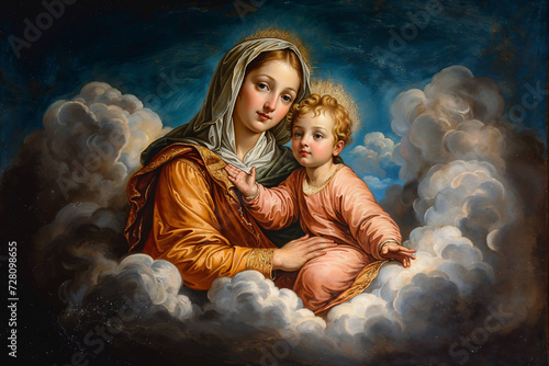 Mary with Jesus, Antique Painting Style Art. Generative AI image.