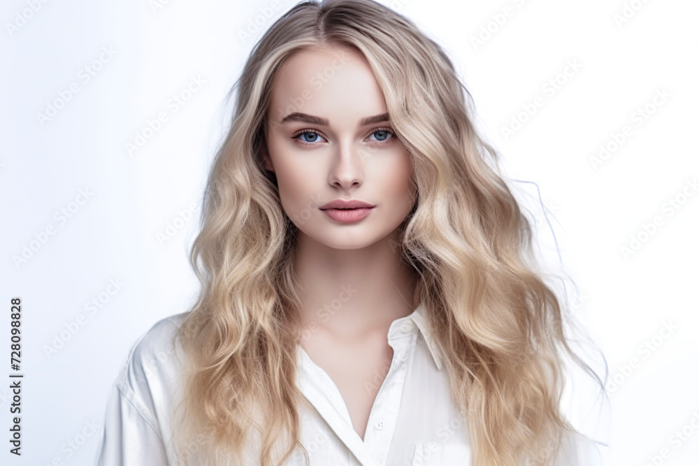 woman with wavy blonde hair, wearing a white shirt, ai generative