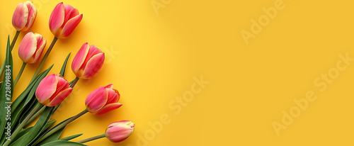 Bouquet of tulips on yellow background. Spring tulip flowers on a yellow horizontal banner are fanned out. Congratulations on Women's or Mother's Day. Banner template for spring seasonal sale.  #728098834