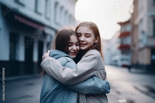 two women hugging on a quiet, urban street, conveying closeness and support, ai generative © larrui