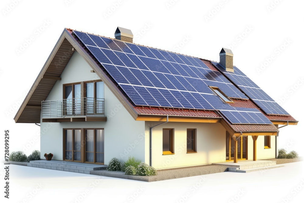 House with solar panels isolated on white background