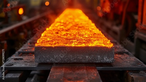 A hot piece of steel being processed in a factory photo
