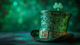 Green Leprechaun Hat with Shamrock Clover Decoration on Moody and Textured Green Backdrop - Costume Decor for St. Patrick's Day Holiday - Irish Color Tones