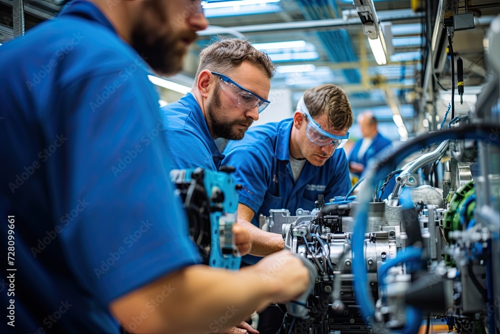 Bright and airy factory, a diverse group of workers collaborates around a high-tech assembly line. Bright and airy factory, a diverse group of workers collaborates around a high-tech assembly line.