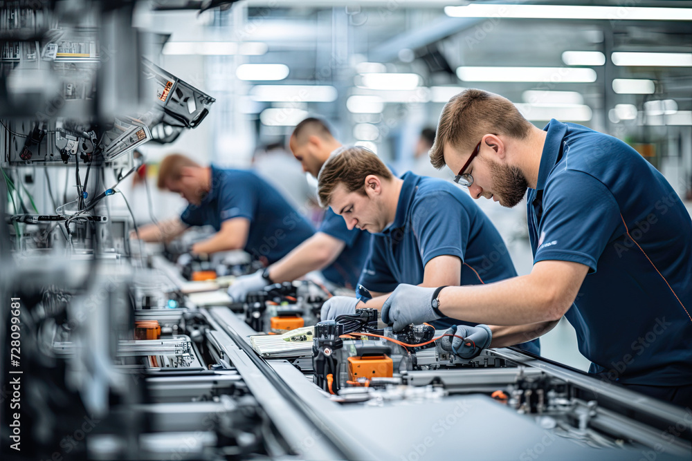 Bright and airy factory, a diverse group of workers collaborates around a high-tech assembly line. Bright and airy factory, a diverse group of workers collaborates around a high-tech assembly line.