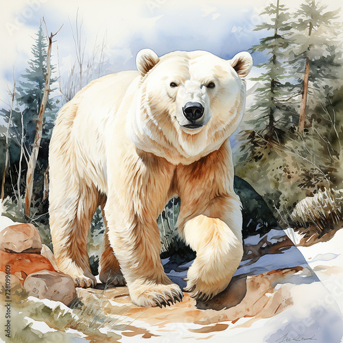 Watercolor white polar bear. Generative AI technology.