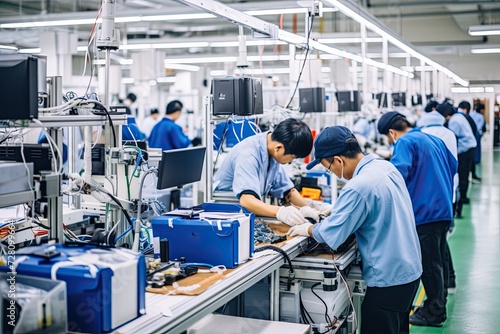 Bright and airy factory, a diverse group of workers collaborates around a high-tech assembly line.