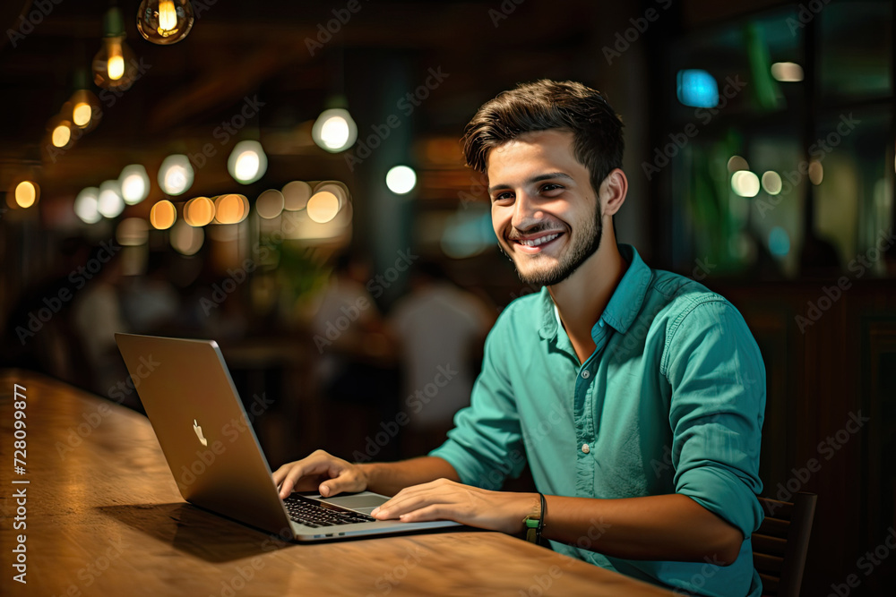 Young handsome man smiling while using laptop computer in restaurant. Young handsome man smiling while using laptop computer in restaurant.