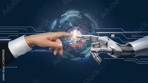 White cyborg robotic hand pointing his finger to human hand with stretched finger - ai artificial intelligence.