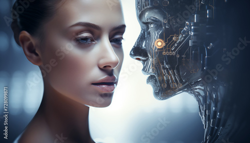 Cybergirl robotic humanoid female and beautiful woman sensitive moment side portraits view. Artificial intelligence AI and human relations concept.