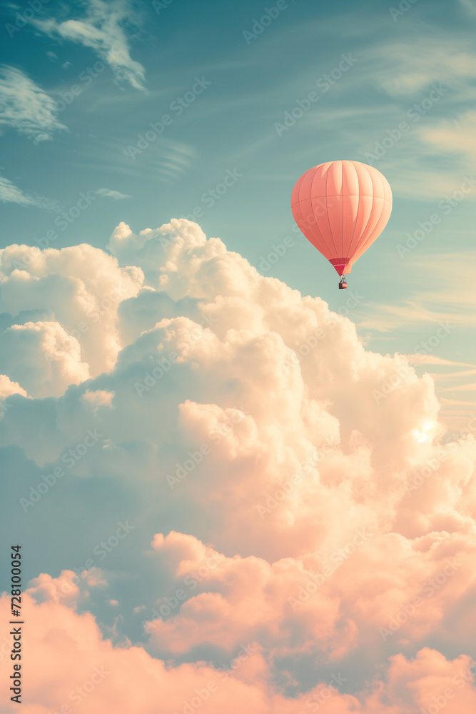 Fototapeta premium Pink hot air balloon flying into white thick clouds. Sunny summer day.