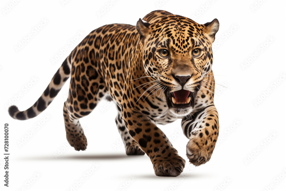 Jaguar leaping toward the camera on a white background, feline front portrait Jaguar leaping toward the camera on a white background, feline front portrait