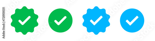 Verified badge icon tick symbol vector approved check mark icon. Blue green checkmark icons - Certificate badge Quality certify icon photo