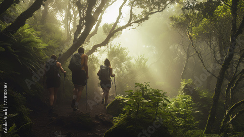 Family and friends hiking together in the Madeira foggy Fanal forest in the vacation trip week. photo