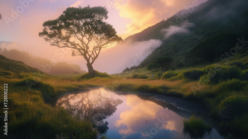 Foggy Fanal, Madeira. Ancient laurels on a grassy meadow, puddles, sunset. photo