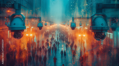 Urban street scene monitored by facial recognition technology, raising questions about privacy