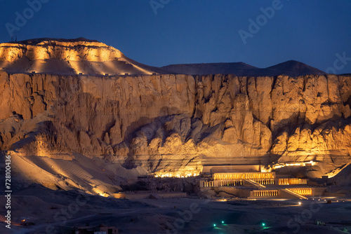 View of the Mortuary Temple of Hatshepsut taken at night near Luxor, Egypt photo