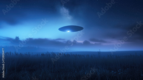 Futuristic UFO lands on a field during starry mysterious night above the forest and many clouds. Universe fantasy astronomy space background wallpaper