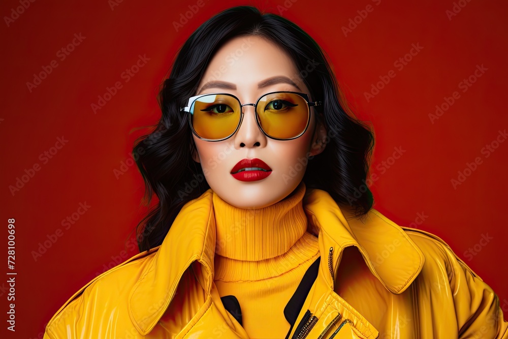 Woman wearing yellow jacket and glasses. Stock Photo | Adobe Stock