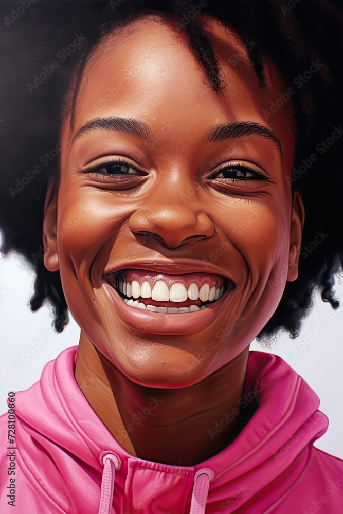 A painting of a woman with a pink hoodie. A painting of a woman with a pink hoodie.