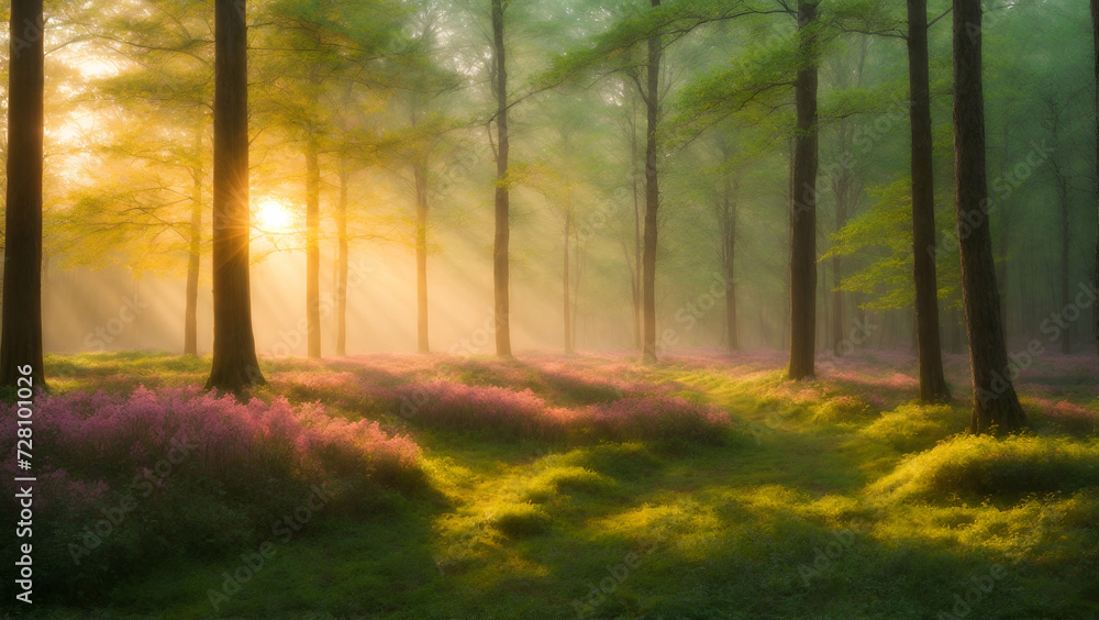 Obraz premium Morning mist in the forest, beautiful rays of sunlight in a green forest