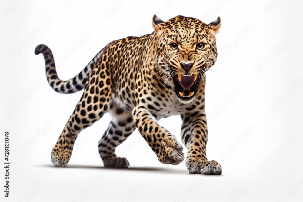 Naklejka premium Leopard leaping toward the camera on a white background, feline front portrait.